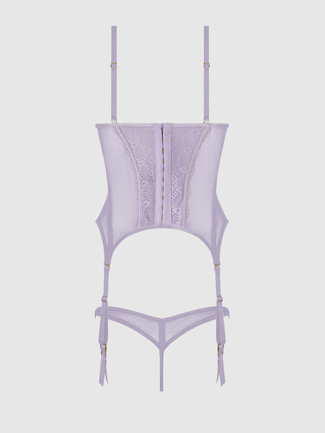 Vivienne Lace and Mesh Bustier Set in lavender with peekaboo cups and garter straps for a sexy look.