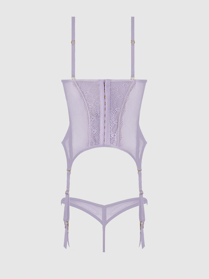Vivienne Lace and Mesh Bustier Set in lavender with peekaboo cups and garter straps for a sexy look.