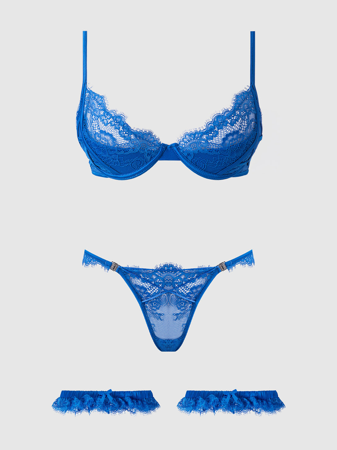 Madeline Satin and Lace Push Up Bra, Bikini and Thigh Garters Set in blue lace, showcasing sexy lingerie sophistication.