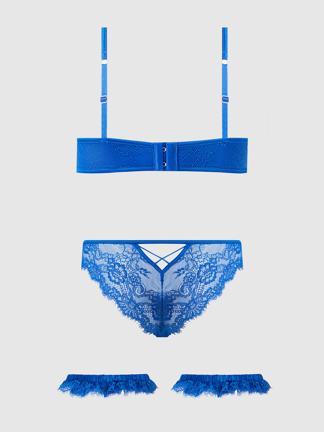 Madeline Satin and Lace Push Up Bra, Bikini and Thigh Garters Set in vibrant blue lace and satin.