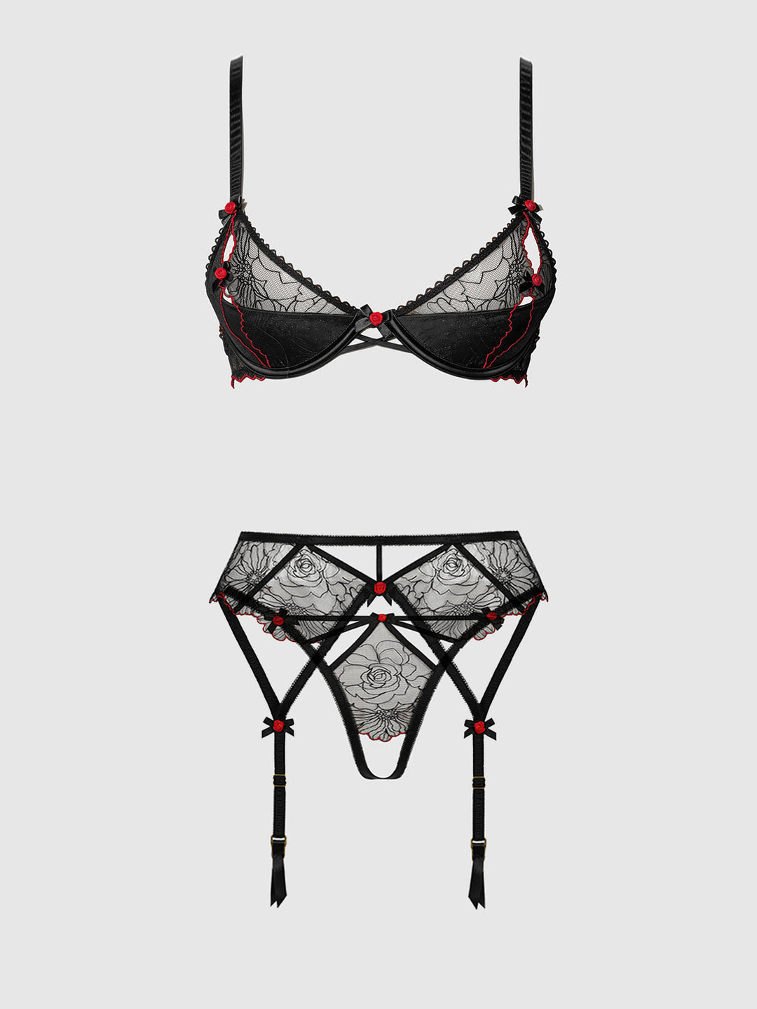 Ilena Embroidered Tulle Bra, Garter & Crotchless Bikini
