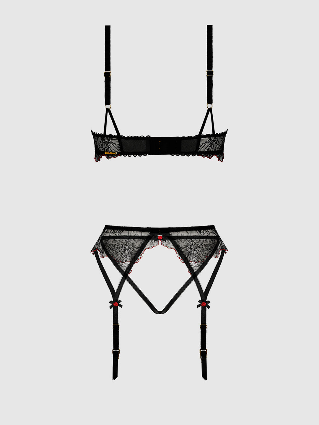 Ilena Embroidered Tulle Bra, Garter & Crotchless Bikini