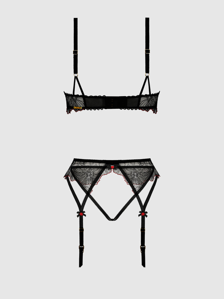 Ilena Embroidered Tulle Bra, Garter & Crotchless Bikini