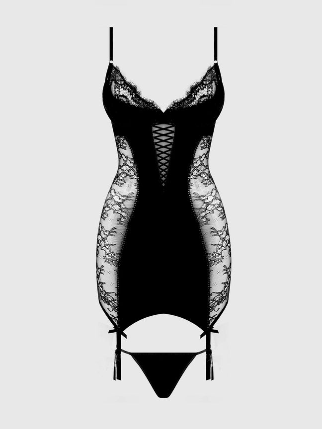 Madeline Noir Satin and Lace Chemise Set