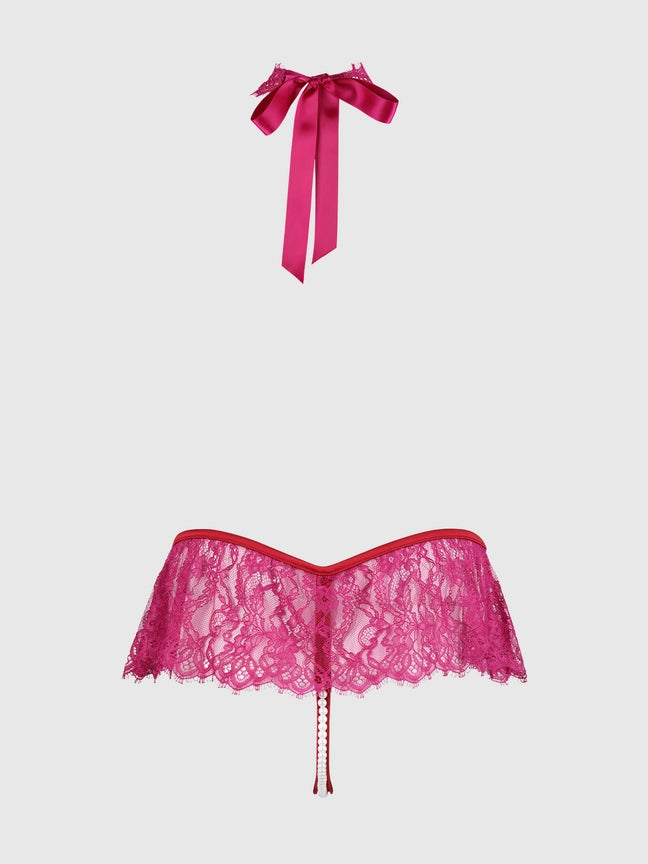 Jocelyn Lace & Pearl Crotchless Teddy by house of desire in vibrant pink lace with a satin tie detail.