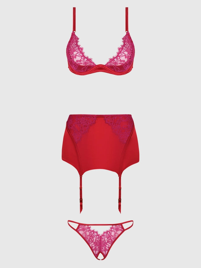 Jocelyn Lace & Satin Bra, Skirt & Crotchless G-String Set by house of desire, luxury lingerie in seductive red.