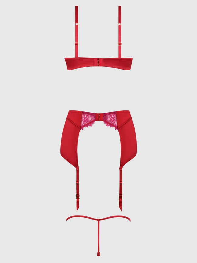 Jocelyn Lace & Satin Bra, Skirt & Crotchless G-String Set by house of desire, luxury lingerie in red
