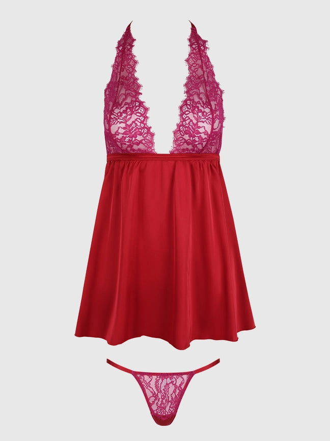Jocelyn Lace & Satin Drop Off Babydoll & G-String Set by House of Desire, luxury lingerie in deep red and lace.