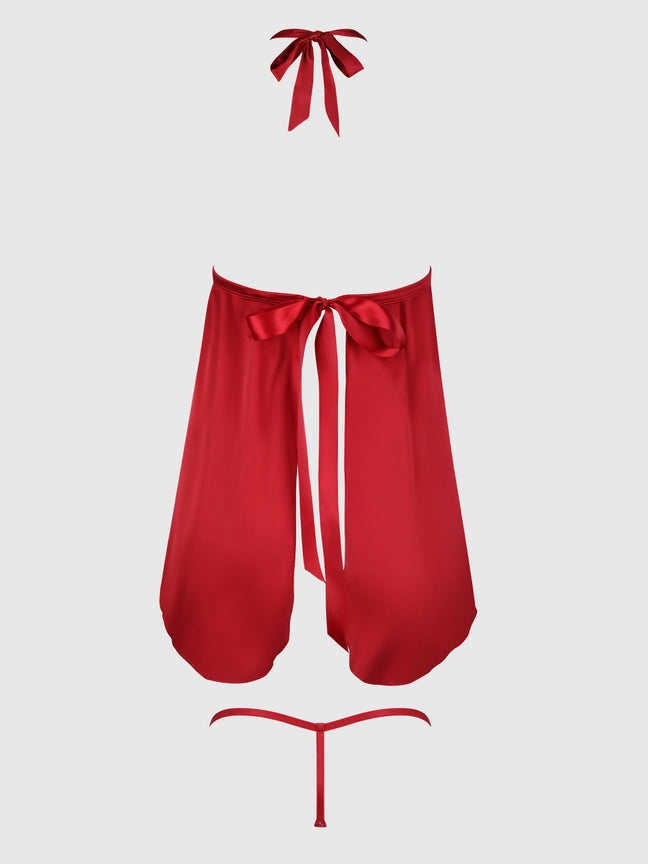 Jocelyn Lace & Satin Drop Off Babydoll & G-String Set by house of desire in luxurious red satin