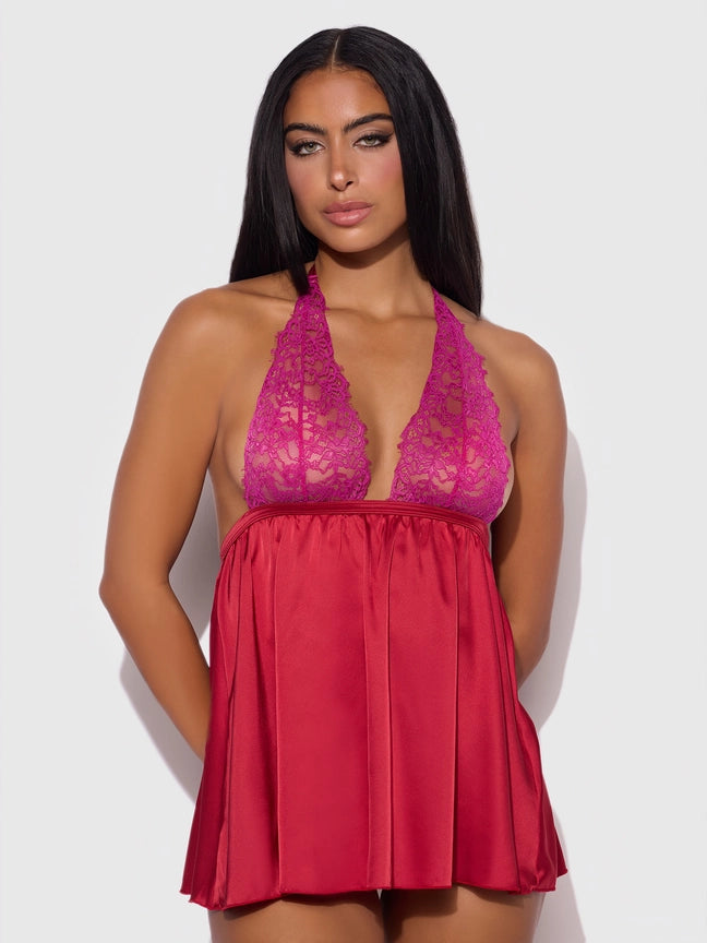 Jocelyn Lace & Satin Drop Off Babydoll & G-String Set by house of desire, luxury lingerie, featuring a plunge neckline.