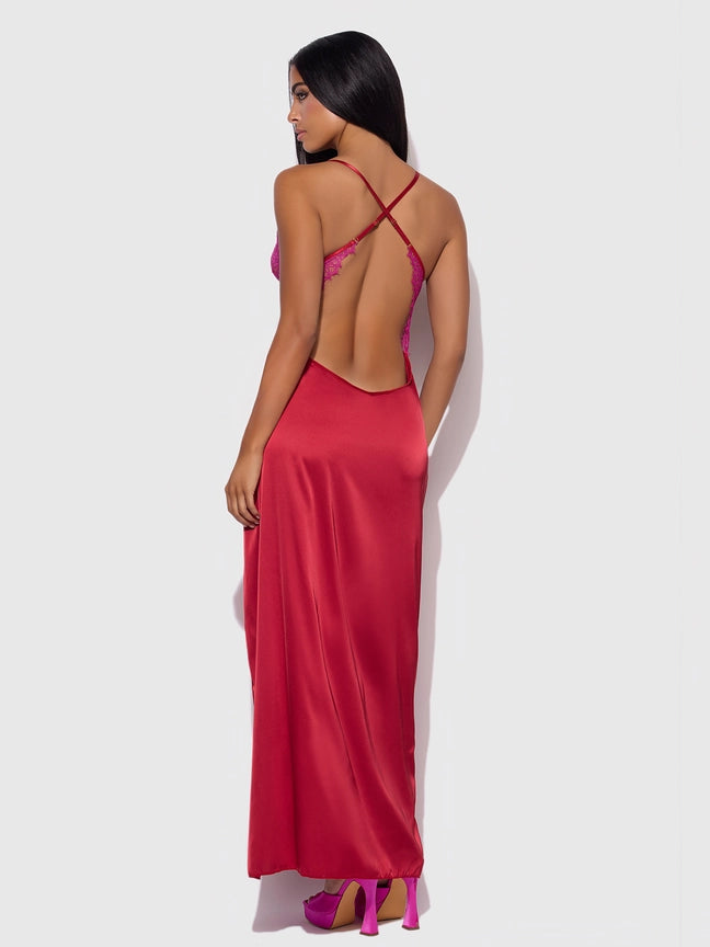 Jocelyn Satin & Lace Long High Slit Gown by house of desire showcasing luxury lingerie with a criss-cross back detail.