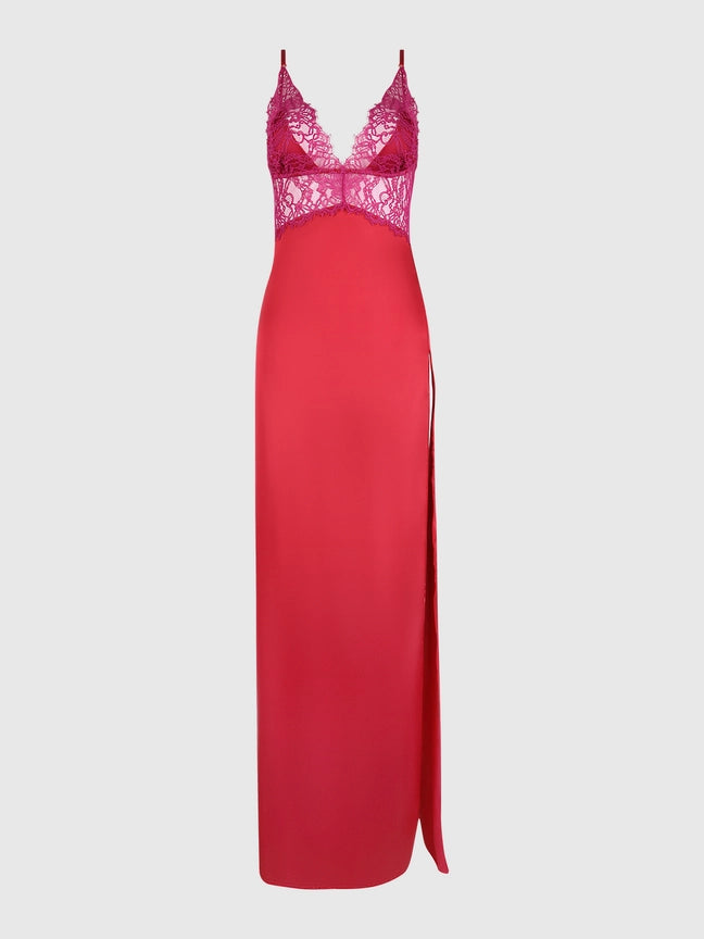 Jocelyn Satin & Lace Long High Slit Gown in luxurious pink with high slit and criss-cross straps, by house of desire.