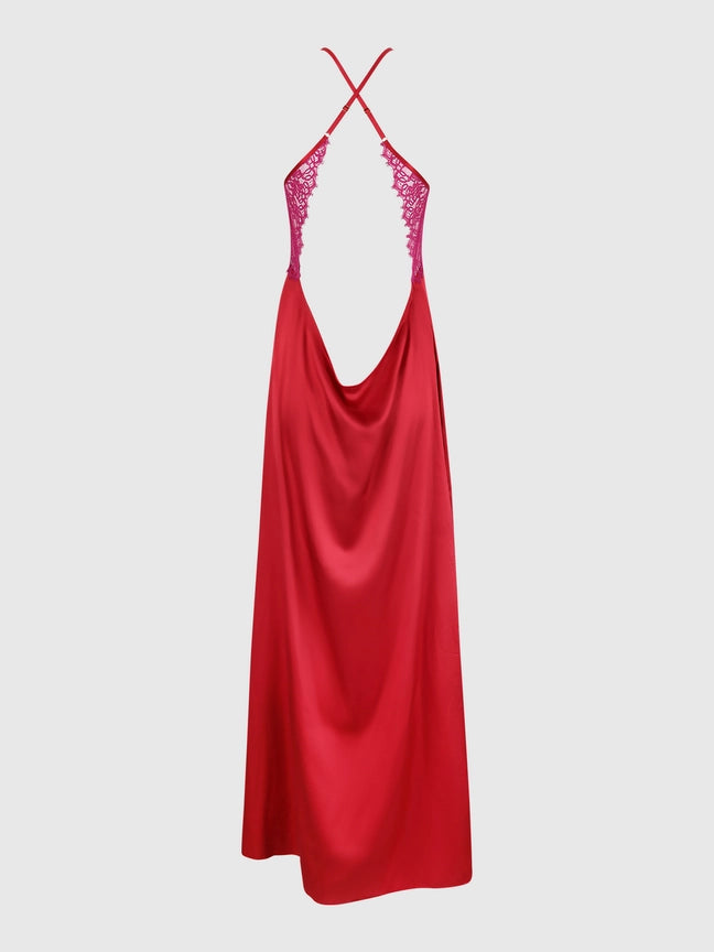 Jocelyn Satin & Lace Long High Slit Gown showcasing a luxurious red satin design with lace details by House of Desire.