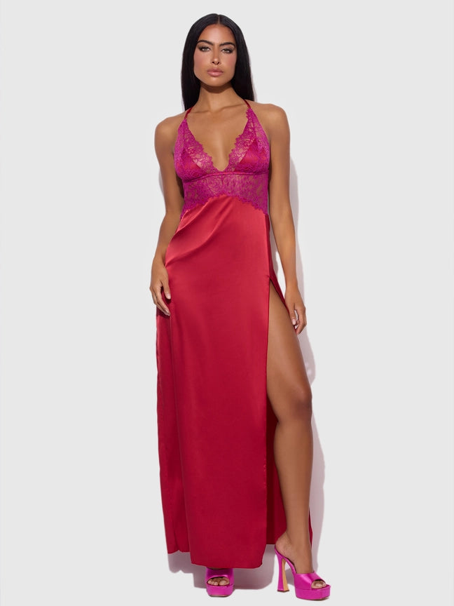Jocelyn Satin & Lace Long High Slit Gown by House of Desire, stunning luxury lingerie showcasing embroidered lace and satin.