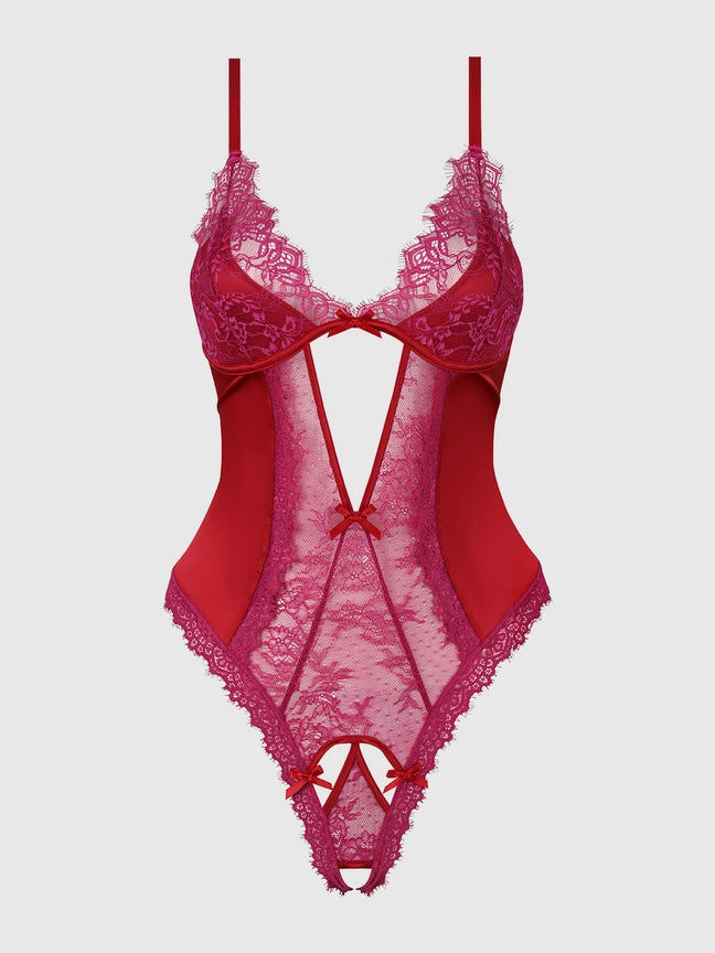 Jocelyn Satin & Lace Crotchless Teddy