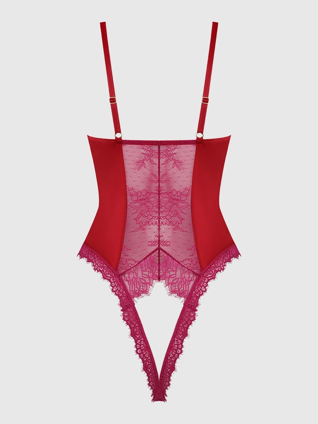 Jocelyn Satin & Lace Crotchless Teddy