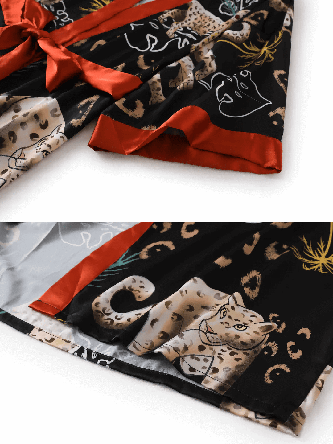 Jungle Animals Kimono Robe featuring hand-painted jungle animal prints and luxurious silky fabric.