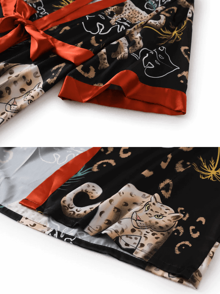 Jungle Animals Kimono Robe featuring hand-painted jungle animal prints and luxurious silky fabric.