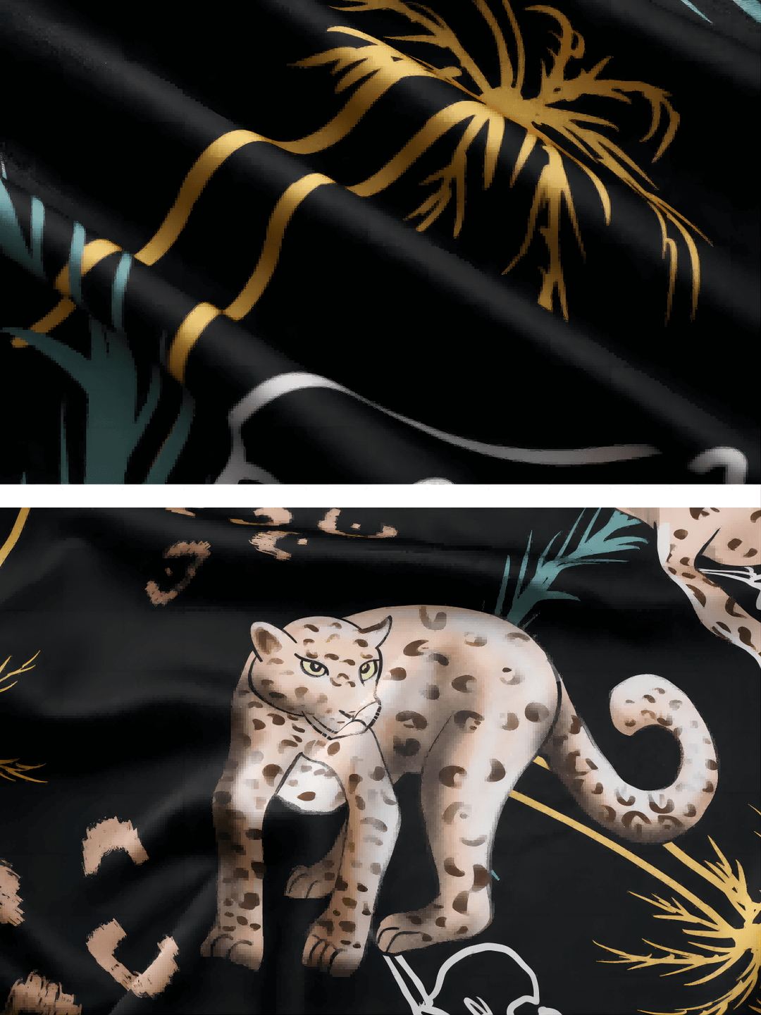Close-up of Jungle Animals Kimono Robe fabric featuring hand-painted leopard and palm motifs in luxurious colors.