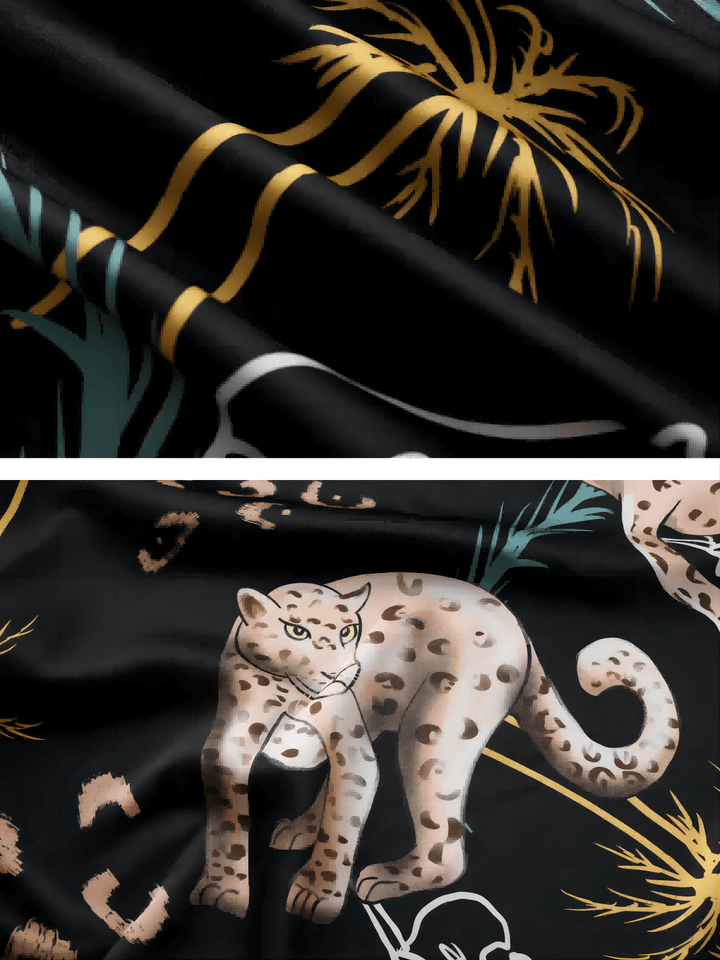 Close-up of Jungle Animals Kimono Robe fabric featuring hand-painted leopard and palm motifs in luxurious colors.