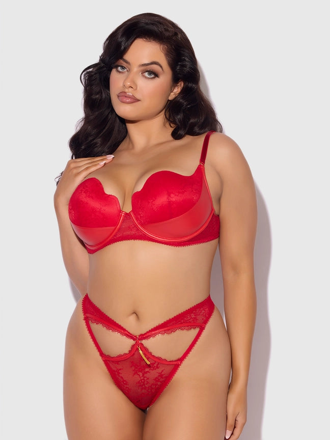 Kiki Lace & Faux Leather Balconette Bra & Open Back Hipster Set in red hot lingerie showcasing alluring details.