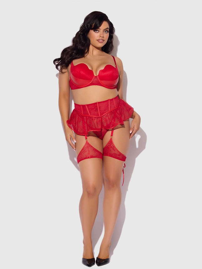 Kiki Lace & Faux Leather Skirted Garter Belt showcasing red hot lingerie with a flirty lace and faux leather design.