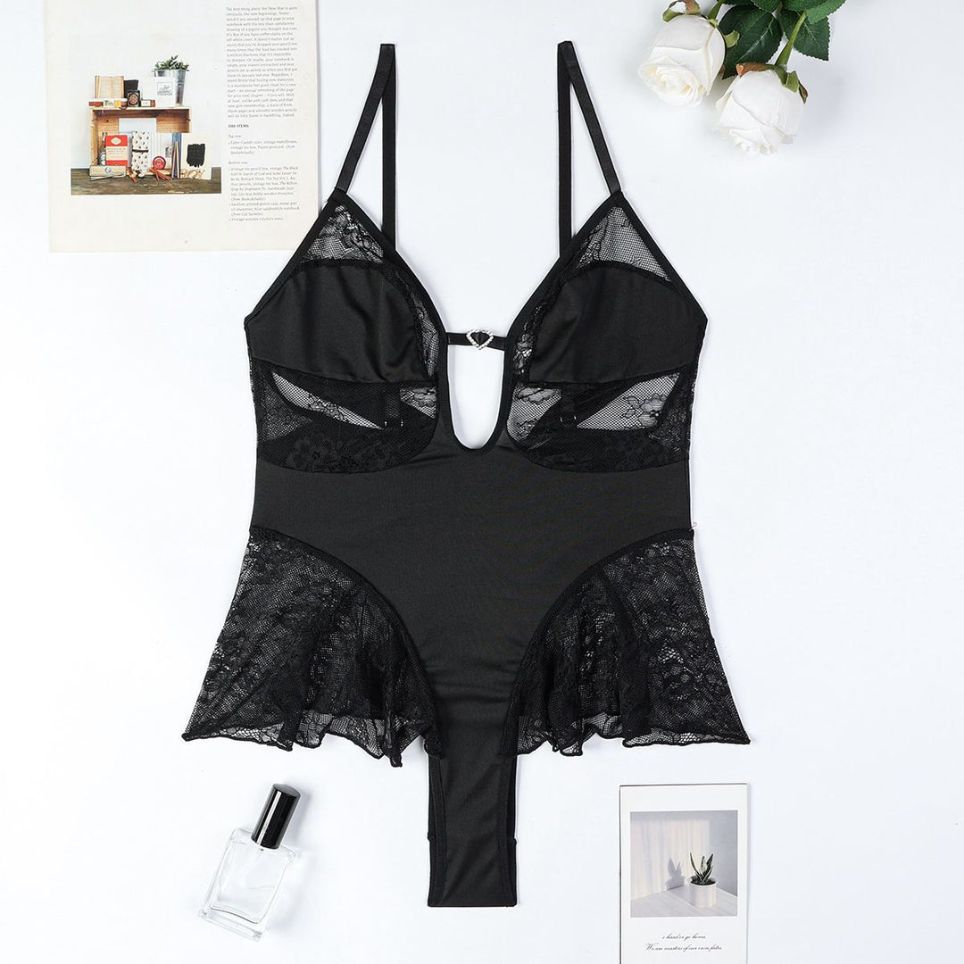 Heartstrings Peplum Teddy by Lingerie by Coco, featuring lace cups, keyhole cutout, and a flirty peplum design.