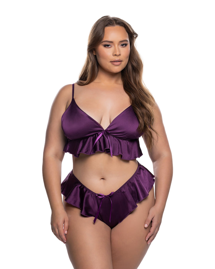 Plus Size Sweet Flutter Lingerie Set in purple satin featuring a flirty bralette and matching shorts, perfect for sexy lingerie.