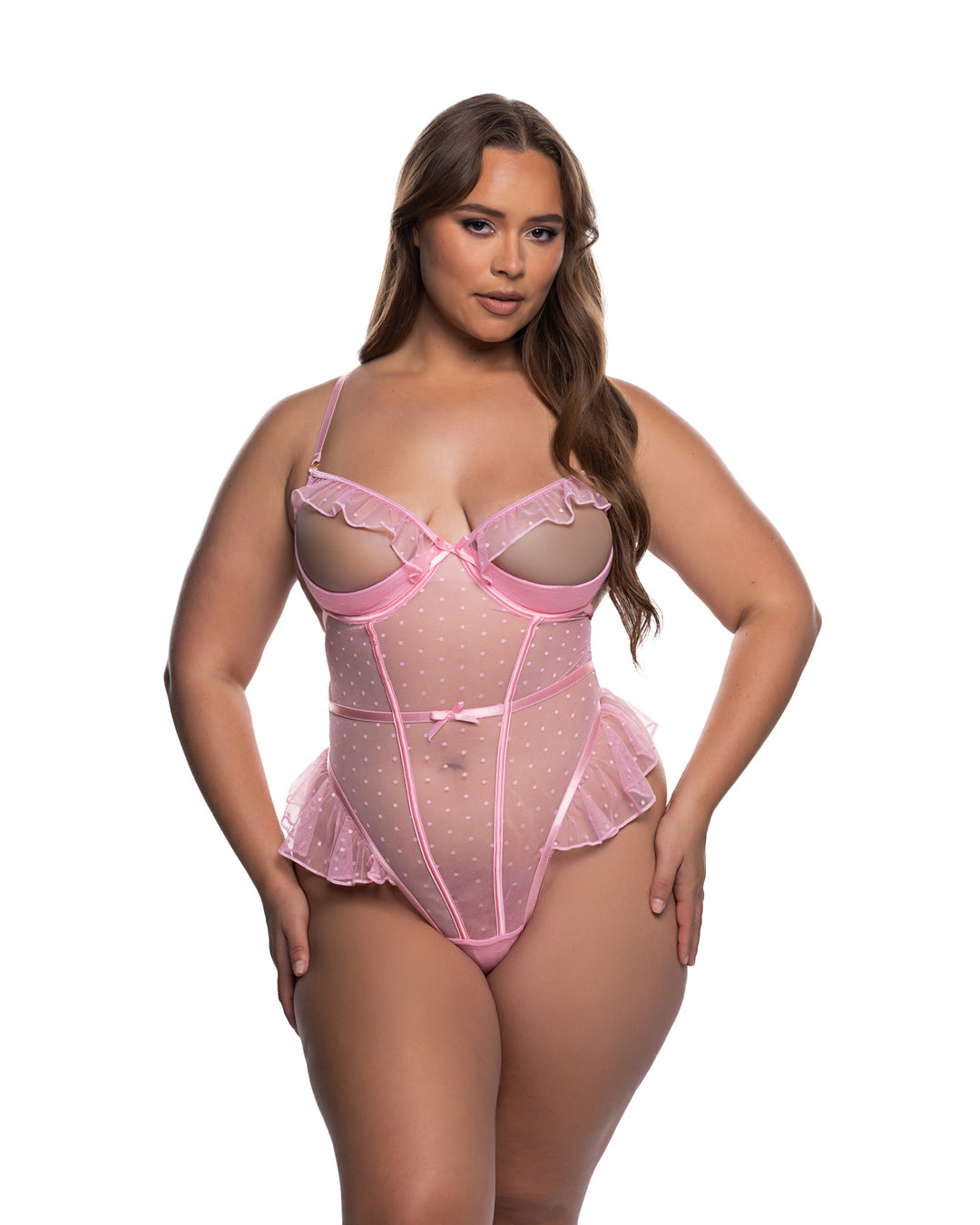 Plus Size Peek-A-Boo Bliss Teddy in pink, featuring ruffle neckline and open shelf cups, perfect sexy lingerie.