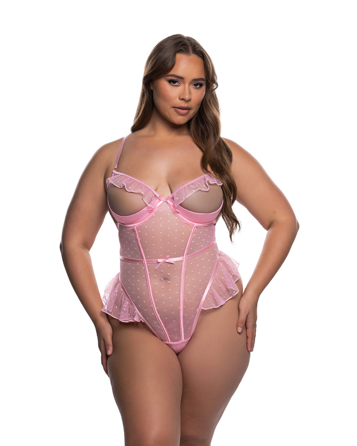 Plus Size Peek-A-Boo Bliss Teddy in pink, featuring ruffle neckline and open shelf cups, perfect sexy lingerie.