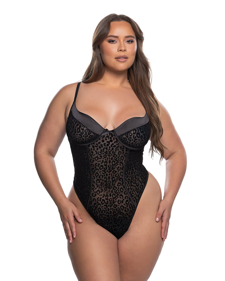 Wild Thing Teddy featuring sexy lingerie design with balconette cups, leopard mesh, and thong back.