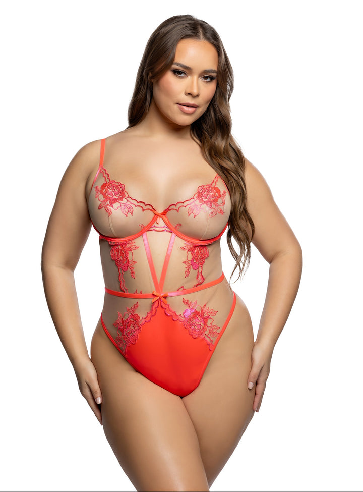 Wild Fire Lace and Satin Teddy in coral color featuring intricate lace and satin design.