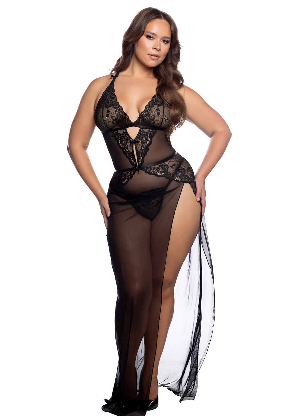 Mezzanotte Sheer Long Gown in black, featuring a plunging neckline and scalloped lace, elegant column skirt with split.