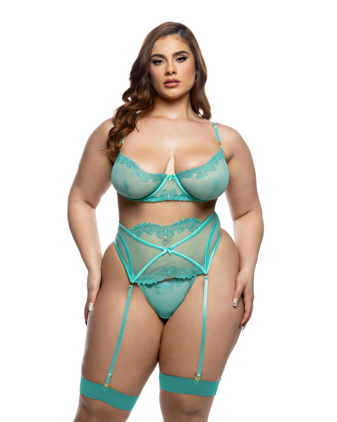 Butterfly Bliss bra, thong, and garter set in teal featuring embroidered lace and satin, perfect for a bold lingerie collection.