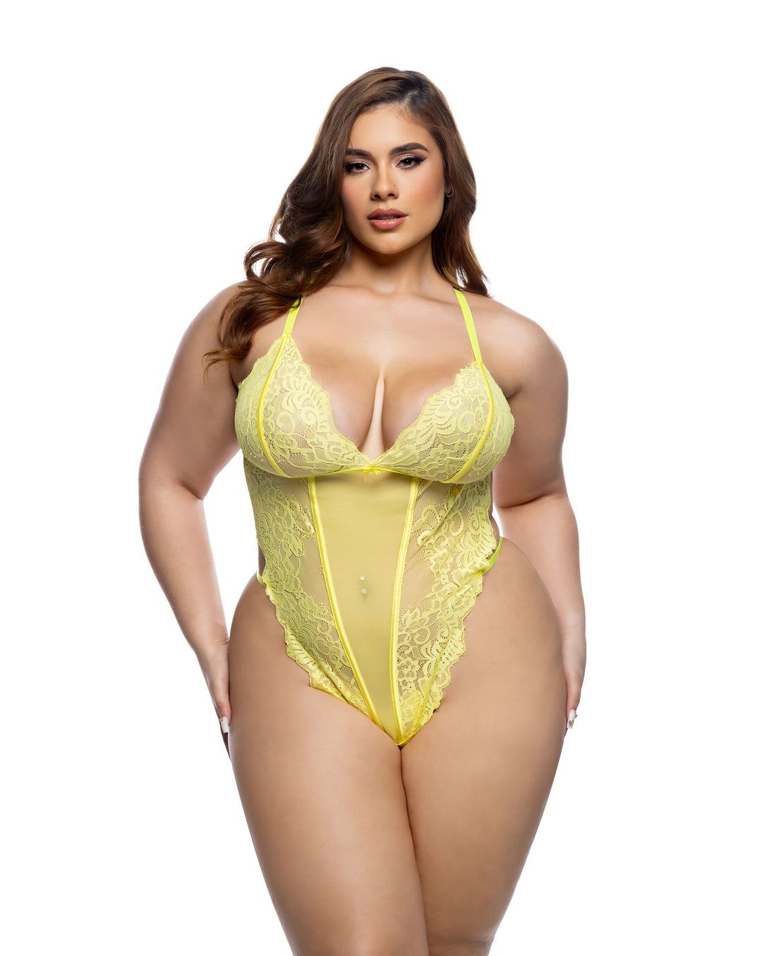 Kiss & Bloom Teddy in soft floral lace and mesh, featuring a plunging neckline and vibrant yellow color.