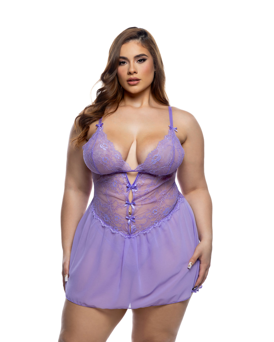 Paradise Dream Babydoll Set in lavender with chiffon skirt and lace details, perfect for dreamy nights.