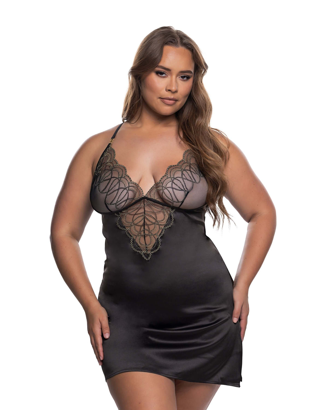 Model wearing the Beaded Belle Chemise, beautiful sexy lingerie featuring delicate beaded lace and satin.