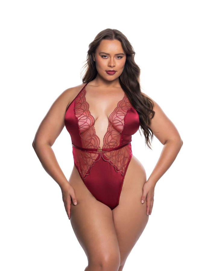 Beaded Belle Deep Plunge Teddy in red with metallic lace, exuding beautiful sexy lingerie elegance.
