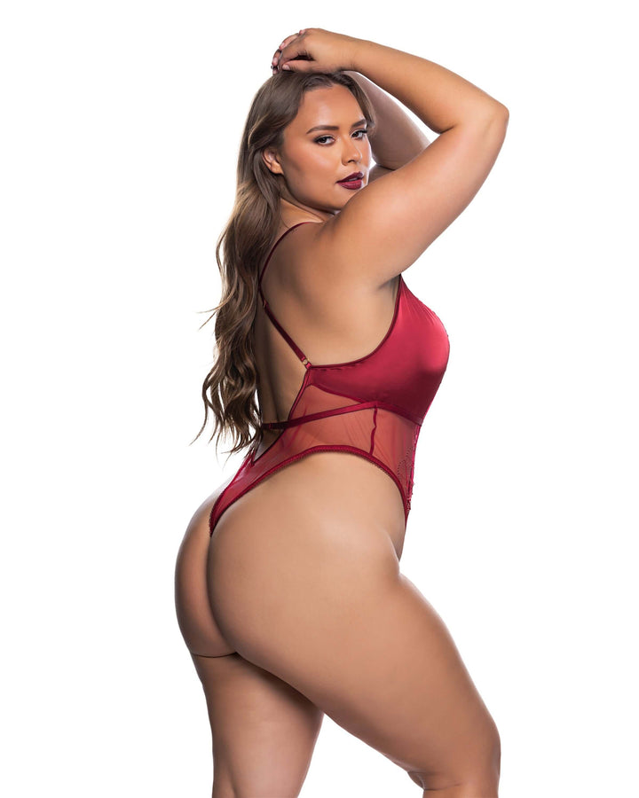 Beautiful sexy lingerie showcasing the Beaded Belle Deep Plunge Teddy in rich red with seductive back detailing.