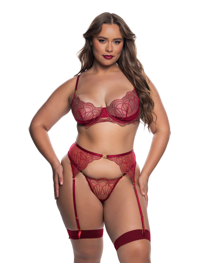 Beaded Belle 3pc Bra, Thong, and Garter Set in red with beautiful sexy lingerie beaded lace and metal accents.