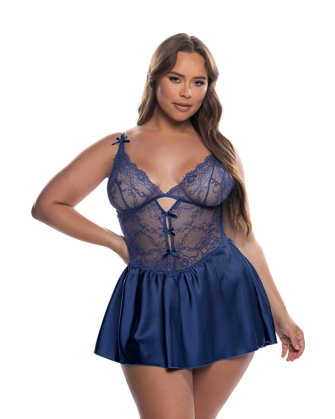 Beautiful sexy lingerie featuring the Paradise Dream Babydoll and Thong Set in navy with lace and satin details.