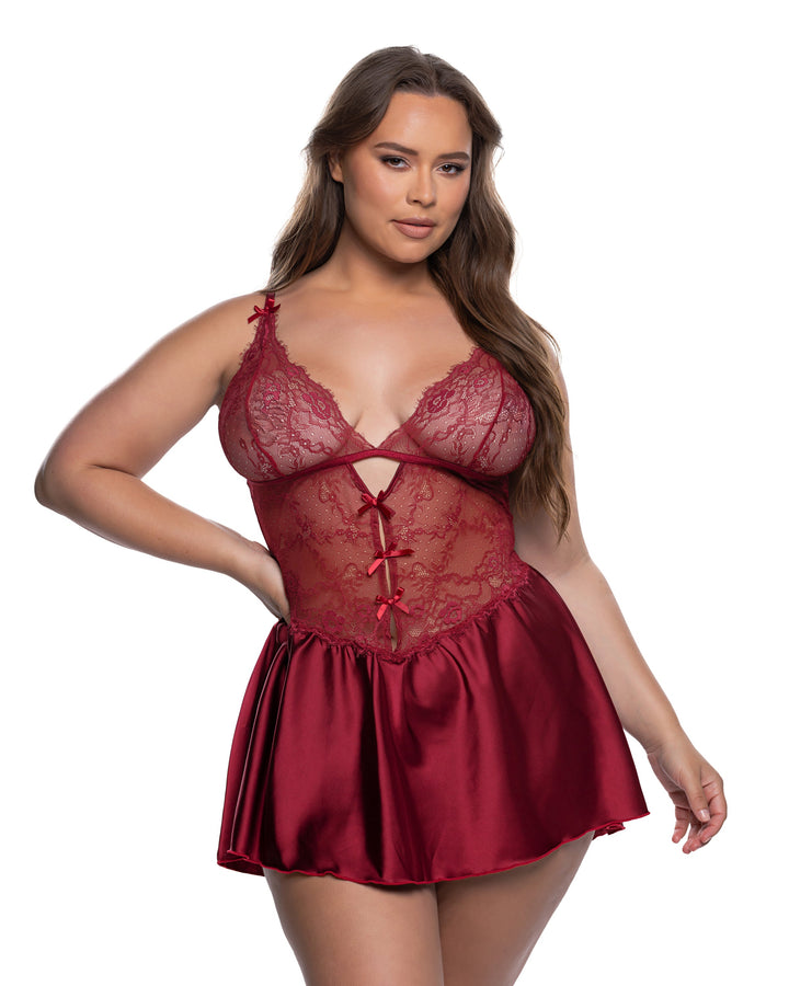Beautiful sexy lingerie featuring the Paradise Dream Babydoll and Thong Set in luxurious red satin and lace.