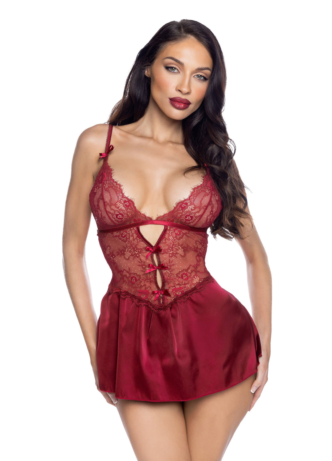Paradise Dream Babydoll and Thong Set in red lace and satin, beautiful sexy lingerie for an alluring look.
