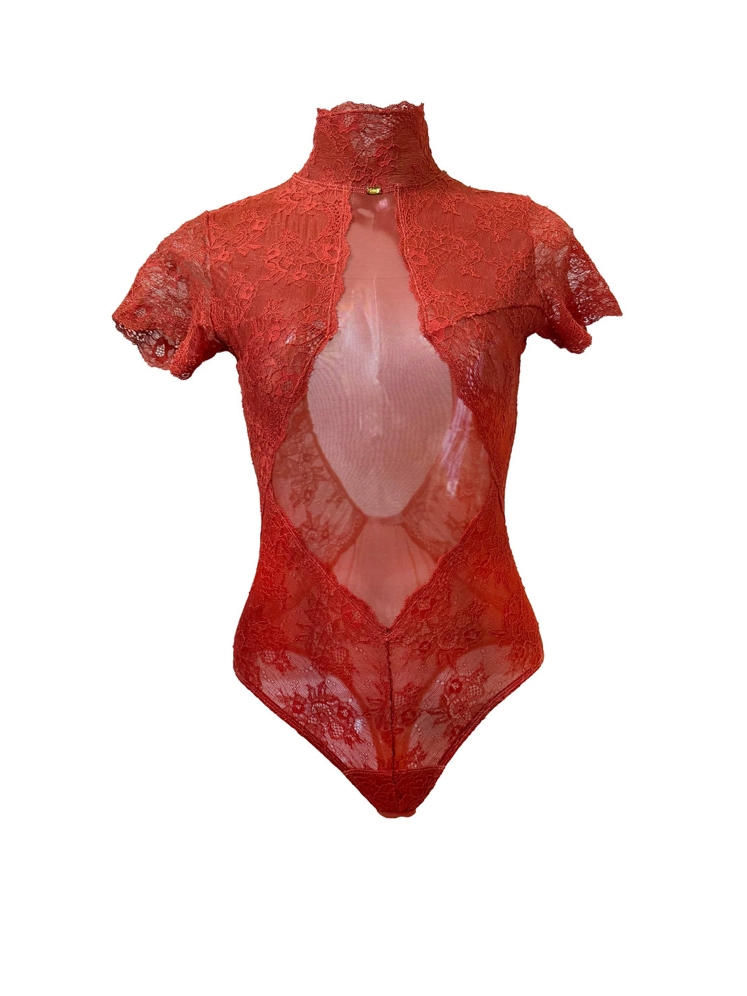 Magmatica Lava Lace and Mesh Bodysuit in terracotta lace with sheer panel and short sleeves, best lingerie option.