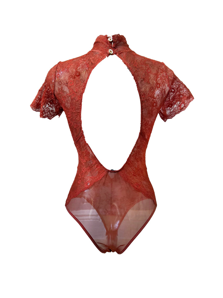 Magmatica Lava Lace and Mesh Bodysuit showcasing terracotta lace with a high neck and sheer panel for elegant lingerie.