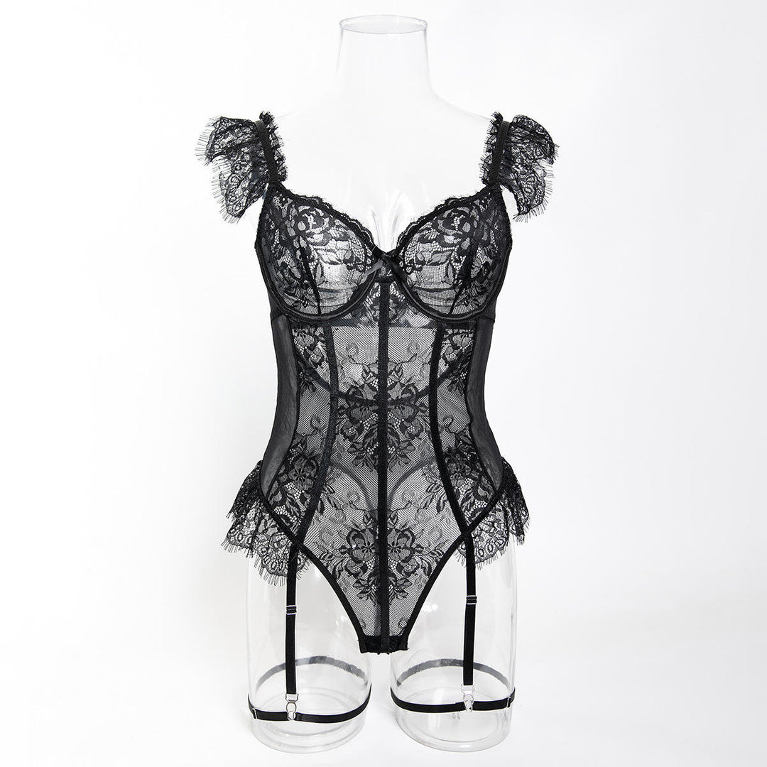 Maison de Minuit Lace Garter Bodysuit featuring black lace, underwire cups, and flirty ruffle cap sleeves.