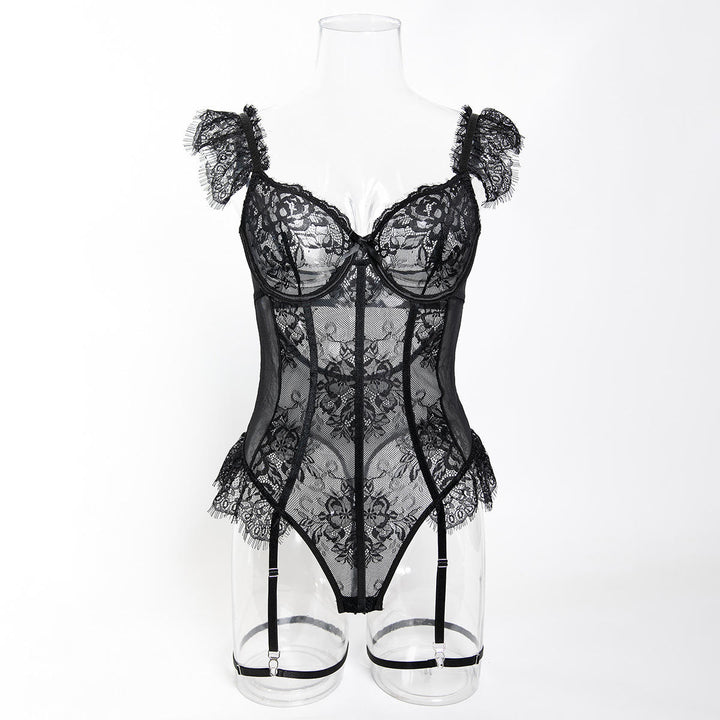 Maison de Minuit Lace Garter Bodysuit featuring black lace, underwire cups, and flirty ruffle cap sleeves.