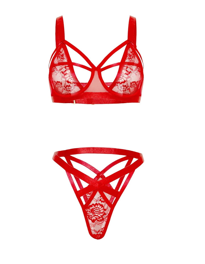 Michelle Strappy Lace Bra Set by oh la la cheri in red, featuring strappy lace and mesh design for a seductive look.