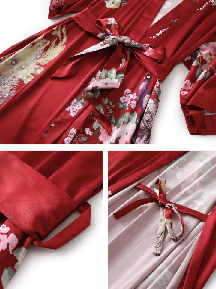 Peacock Red Kimono Robe featuring luxurious hand-painted jungle animal prints and elegant tie detail.