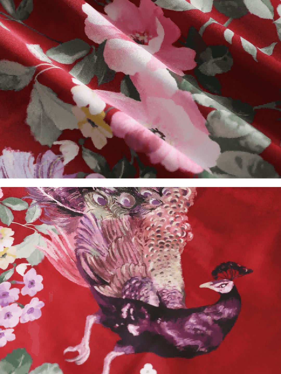 Peacock Red Kimono Robe featuring luxurious floral and peacock prints on soft fabric.